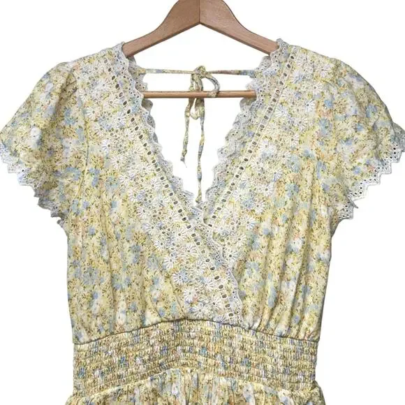 American Eagle Garden Party Wrap Dress Size Small Tiered Yellow Floral Cottage - Picture 3 of 8